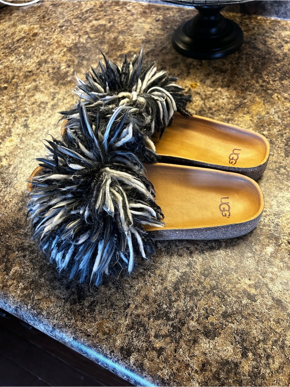 UGG Cindi Black and White Pom-Pom Slide Mules